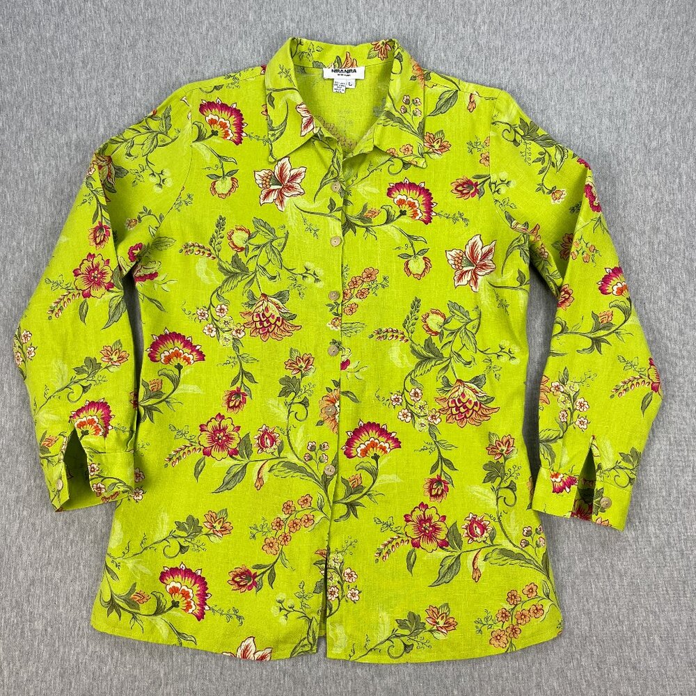 Vintage Nira Nira Floral Tunic Top Womens L Lime Green Tie Back 100% Linen 90s